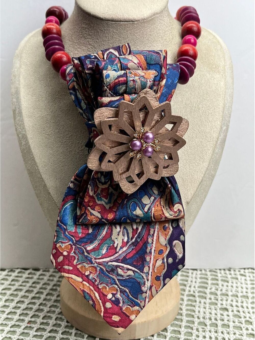 #518 Neck Tie Necklace Artsy Boho Multi Colored Flower Brooch